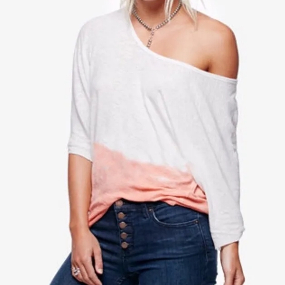 FP We The Free Ombre Linen Slub 3/4 Sleeve Top Ivory Pink Strawberry M - Picture 3 of 16